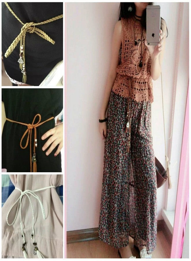 NIDMIDO Women's PU Leather Waist Belts Woven Tassels Chain Belt Skinny Rope Belt Chain for Skirt Dress Boho Style (Khaki) - Image 5